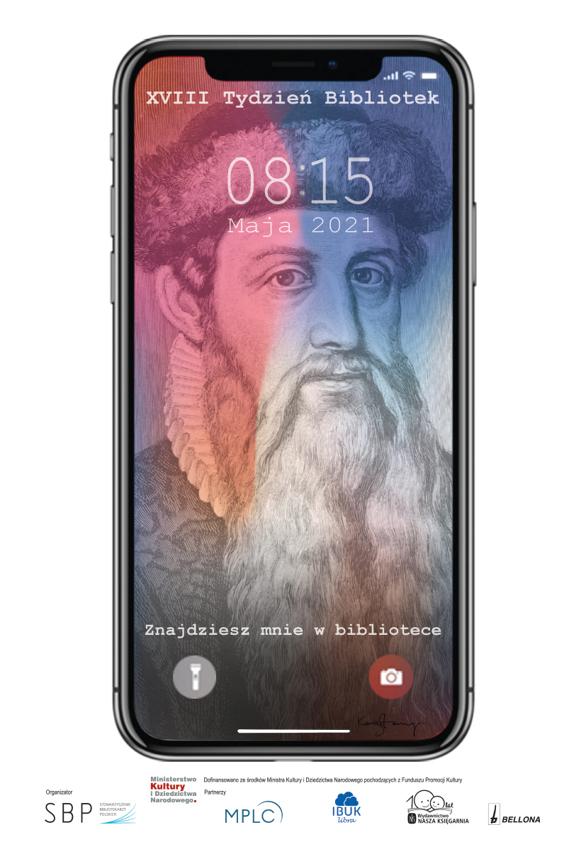 Na tapecie telefonu rysunek szlachcica z długą brodą i napis 18. tydzień bibliotek - znajdziesz mnie w bibliotece