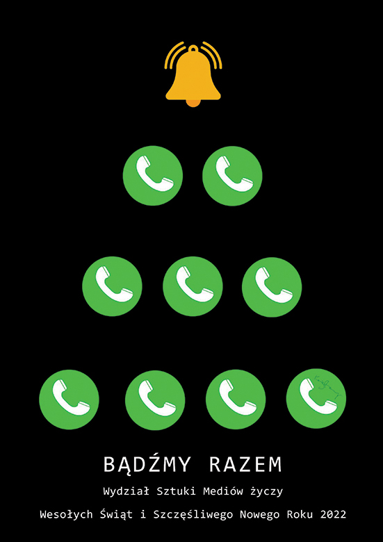 Choinka uformowana z zielonych piktogramów ze słuchawką telefoniczną. Na szczycie dzwoneczek - ikonka alarmu.