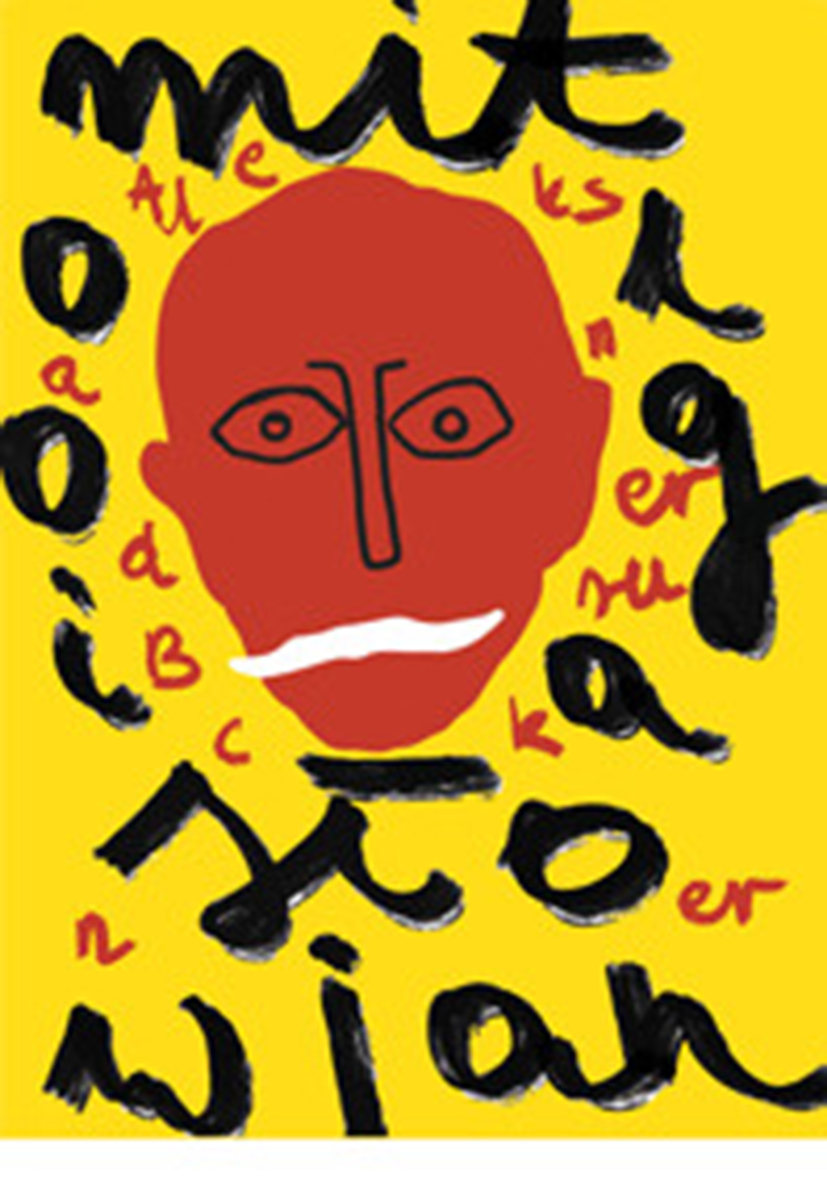 Plakat przedstawiający czerwoną głowę na żółtym tle z czerwonym i czarnym tekstem Aleksander Bruckner