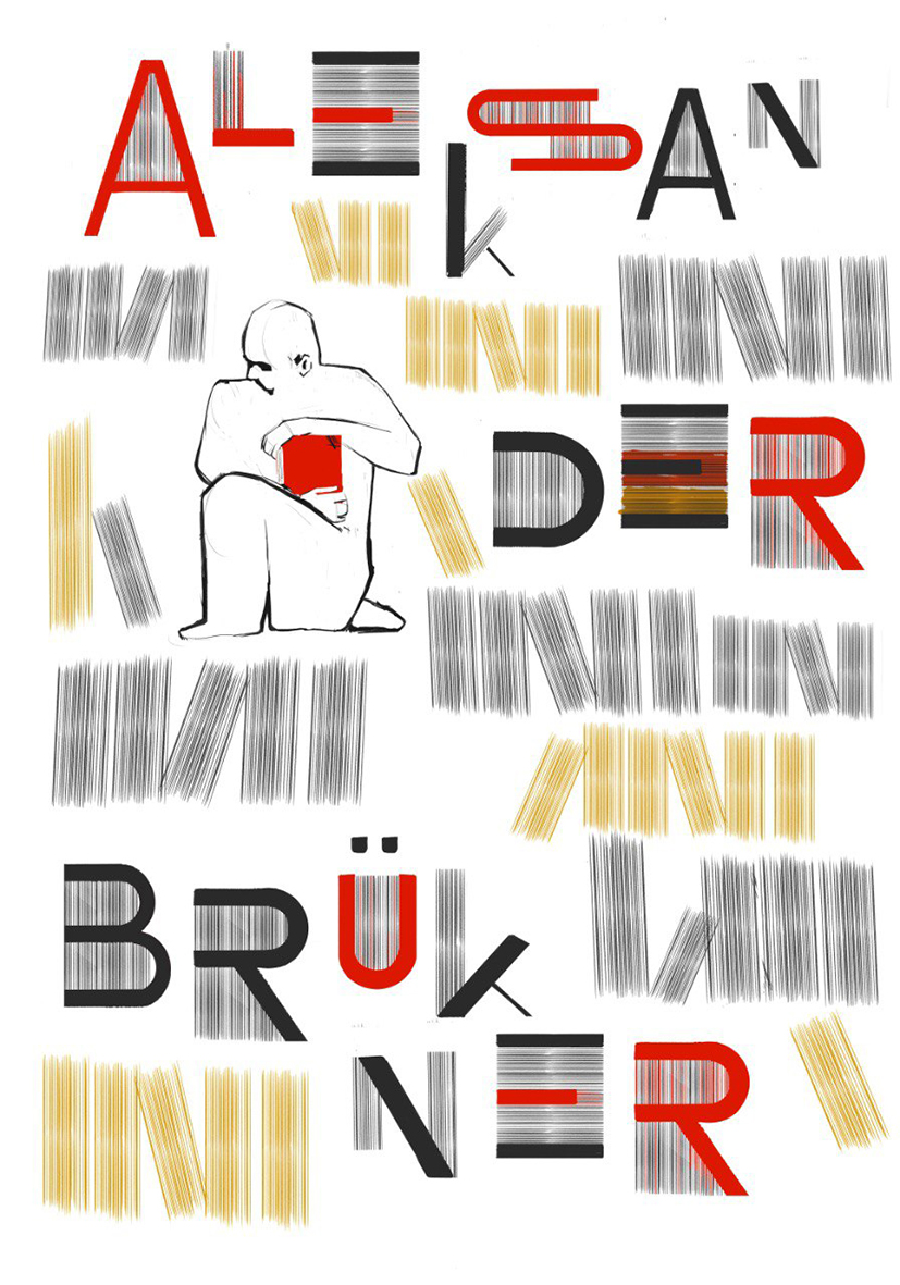 Plakat przedstawiający w graficzny sposób rzędy książek na białym tle z wkomponowanym w grafikę tekstem „Aleksander Brukner” oraz konturem ludzkiej sylwetki siedzącej i trzymającej w dłoniach czerwoną książkę.