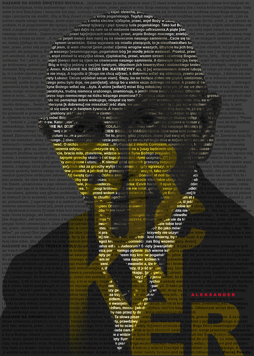 Plakat. Portret Aleksandra Bruknera wykonany za pomocą tekstu na ciemnoszarym tle.