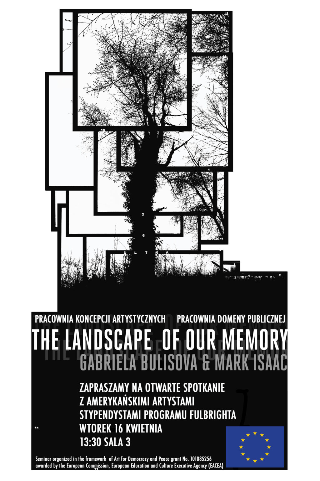plakat spotkania z amerykańskimi artystami Gabrielą Bulisovą i Markiem Issaac