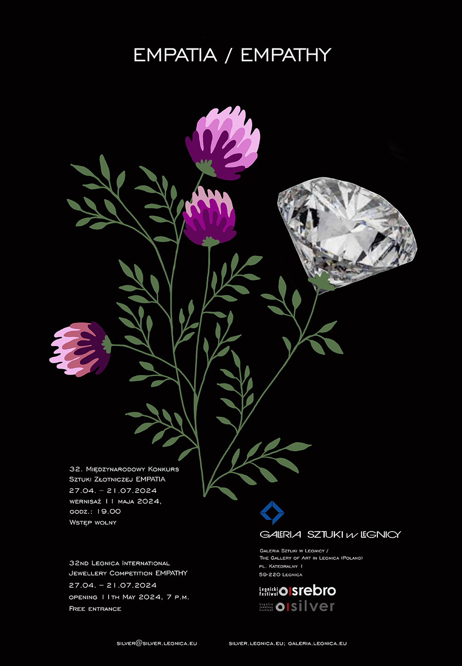 Plakat przedstawiający roślinę z fioletowymi kwiatkami na czarnym tle. Jeden z kwiatów jest diamentem.