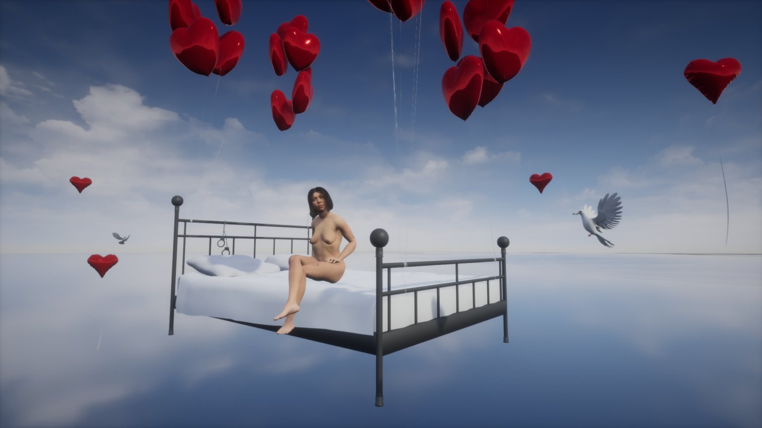 Łóżko lewitujące w chmurach na którym siedzi naga kobieta. Nad łóżkiem unoszą się czerwone serca.