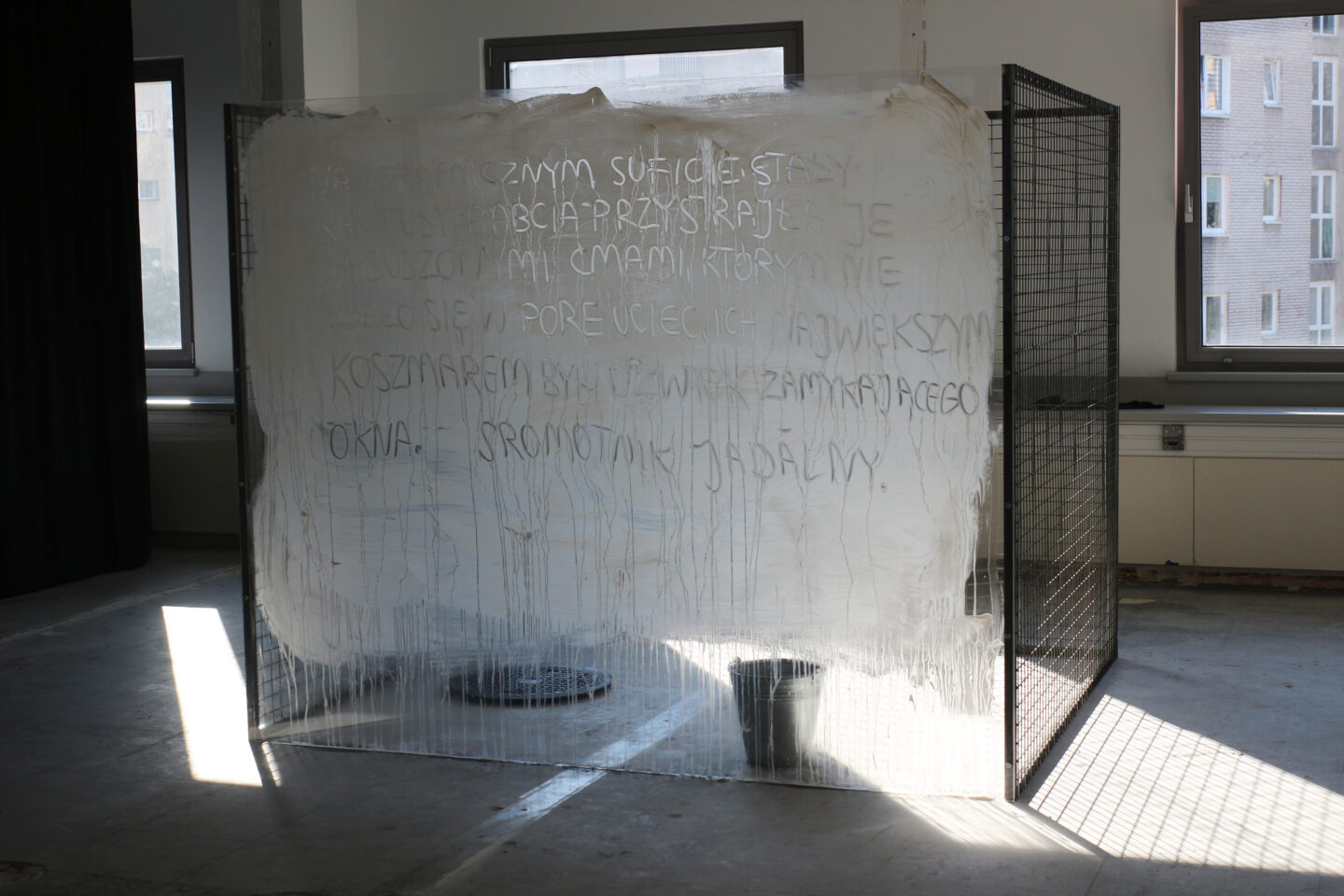 Szyba pokryta białą farbą z napisanym odręcznie, lekko nieczytelnym tekstem, który kończy się słowami „sromotnik jadalny”.