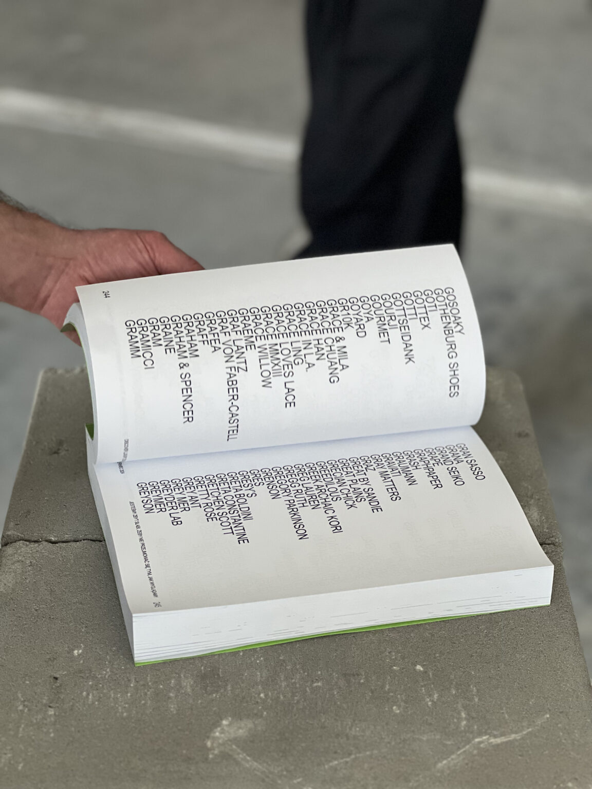 Otwarta książka ze słowami rozpoczynającymi się na literę „g”, ułożonymi alfabetycznie. Widać gest wertowania stron.