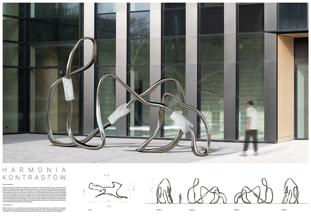 wizualizacja projektu obiektu/rzeźby wraz z opisem i kilkoma ujęciami tego obiektu w skali