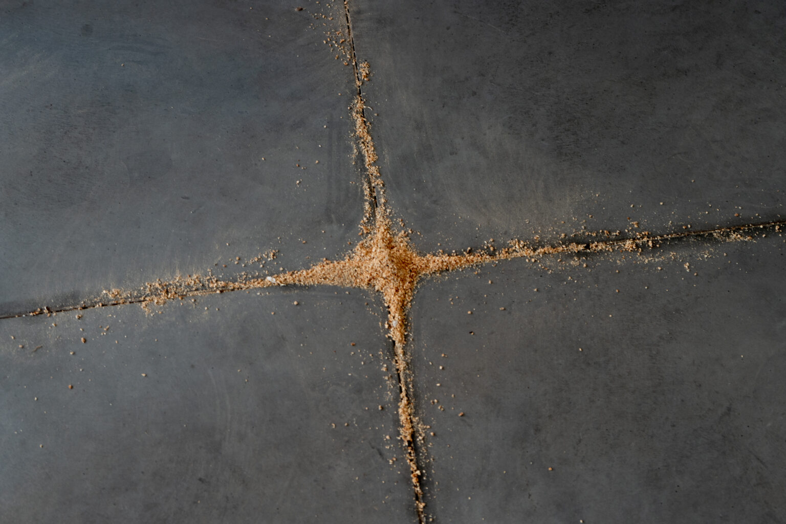 Instalacja przestrzenna składająca się z drewnianych belek rozpostartych pomiedzy sufitem a podłogą. Obok belek pozostałości po leżą wióry, pozostałości po obróbce drewna.