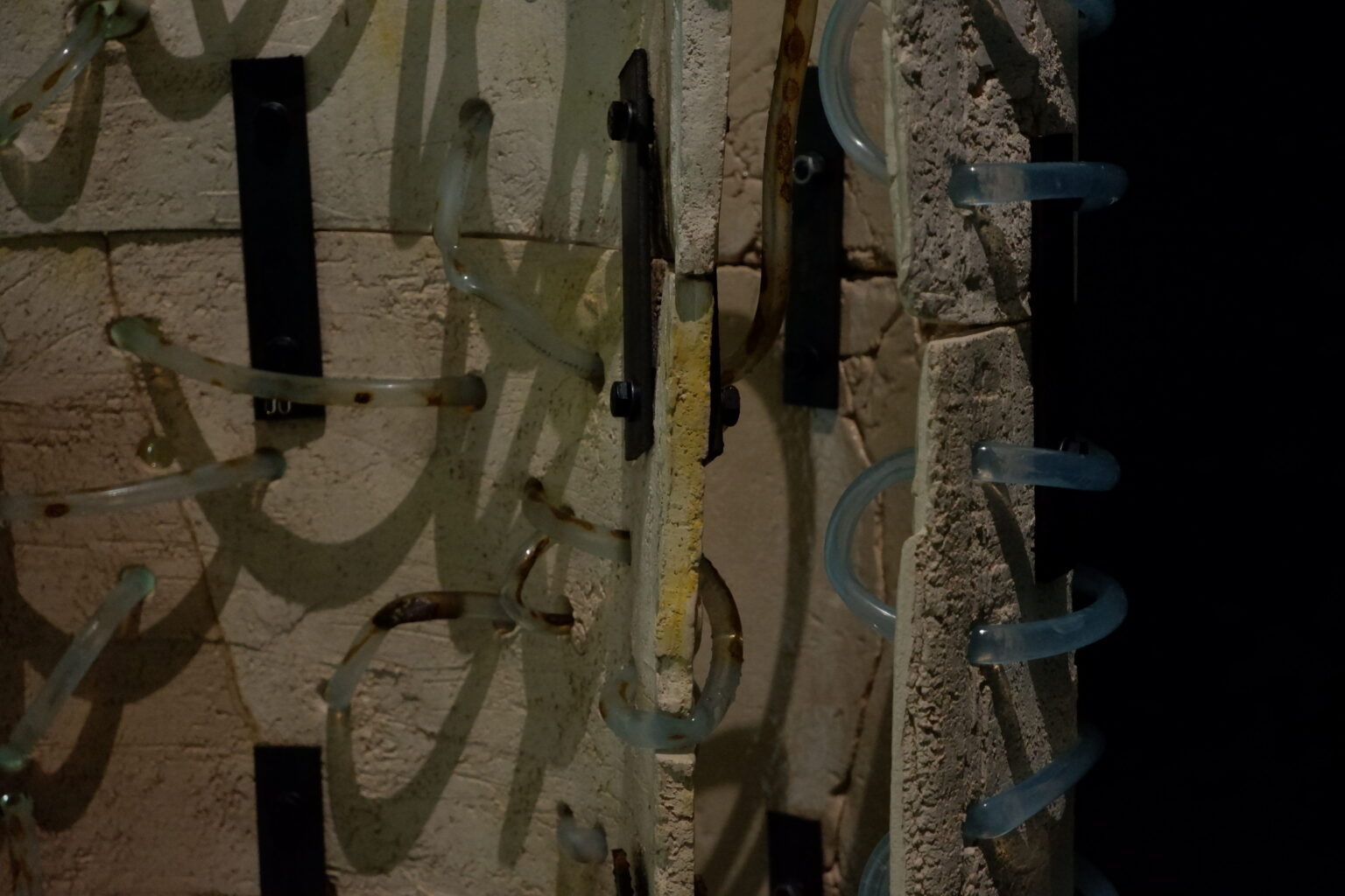 Instalacja przestrzenna składająca się z obiektu ceramicznego i projekcji wideo. Przez obiekt przeplecione są rurki z płynem sugerującym płyny ustrojowe. Detal