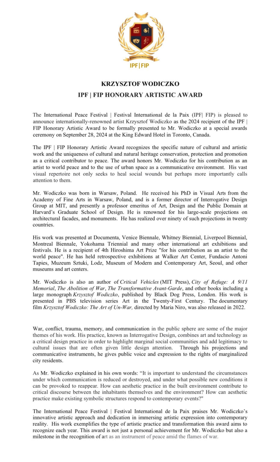 Opis Międzynarodowego Festiwalu Pokoju 2024 w Toronto w Kanadzie