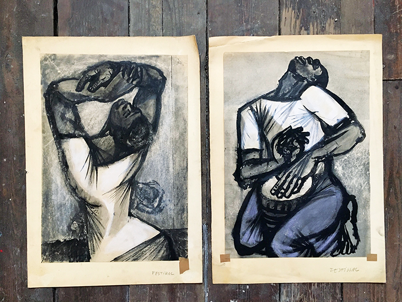 Rysunki Janusza Stannego z Festiwalu Młodzieży. Dwa monochromatyczne rysunki przedstawiające zaburzone w proporcjach postacie mężczyzny i kobiety.