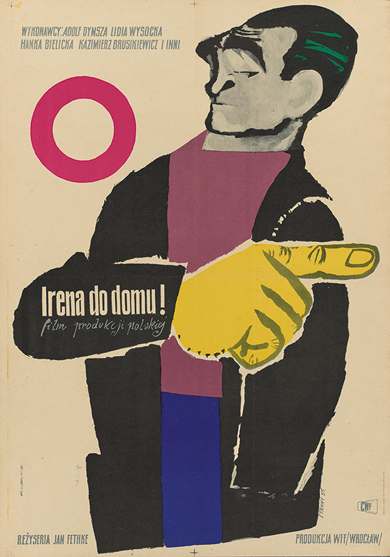 Plakat do filmu z roku 1955 autorstwa Janusza Stannego. Plakat przedstawia męską sylwetka z podniesioną żółtą dłonią w geście wskazywania.