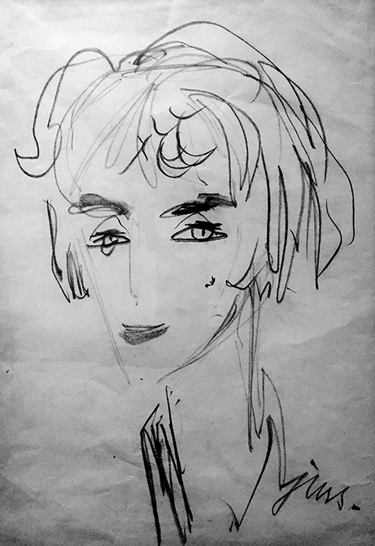 Portret Terest Wilbik autorstwa prof. Jana Marcina Szancera. Monochromatyczny, linearny portret kobiecy.