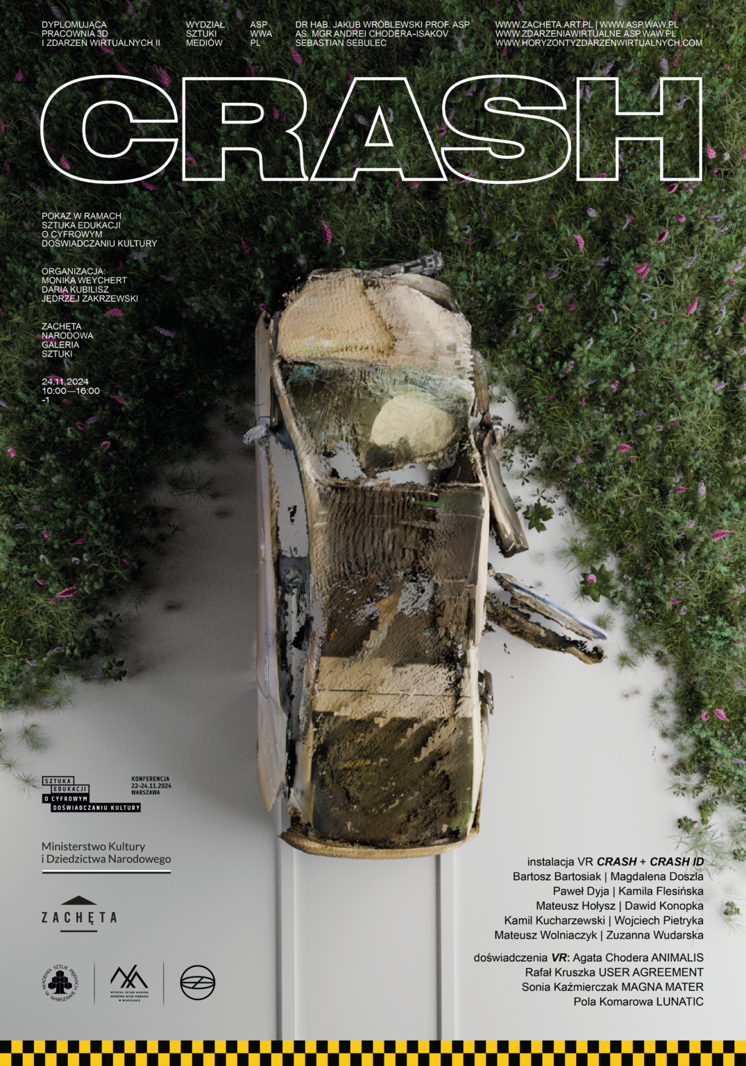 Materiał promocyjny wydarzenia Crash. Plakat przedstawia poturbowany, zniekształcony cyfrowo samochód zatrzymujący się przed trawą.