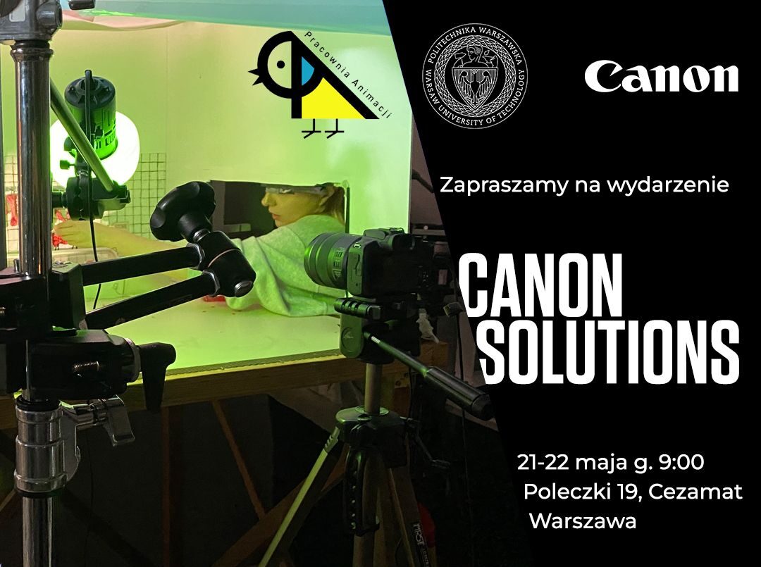 Grafika promująca udział Pracowni Animacji na wydarzeniu Canon Solutions