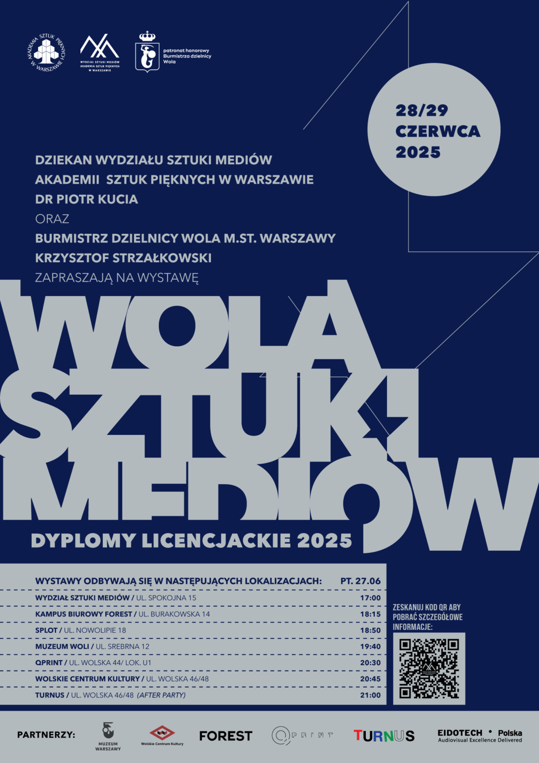 Grafika promująca wystawę dyplomów licencjackich Wydziału Sztuki Mediów na ASP w Warszawie pt. “Wola Sztuki Mediów”