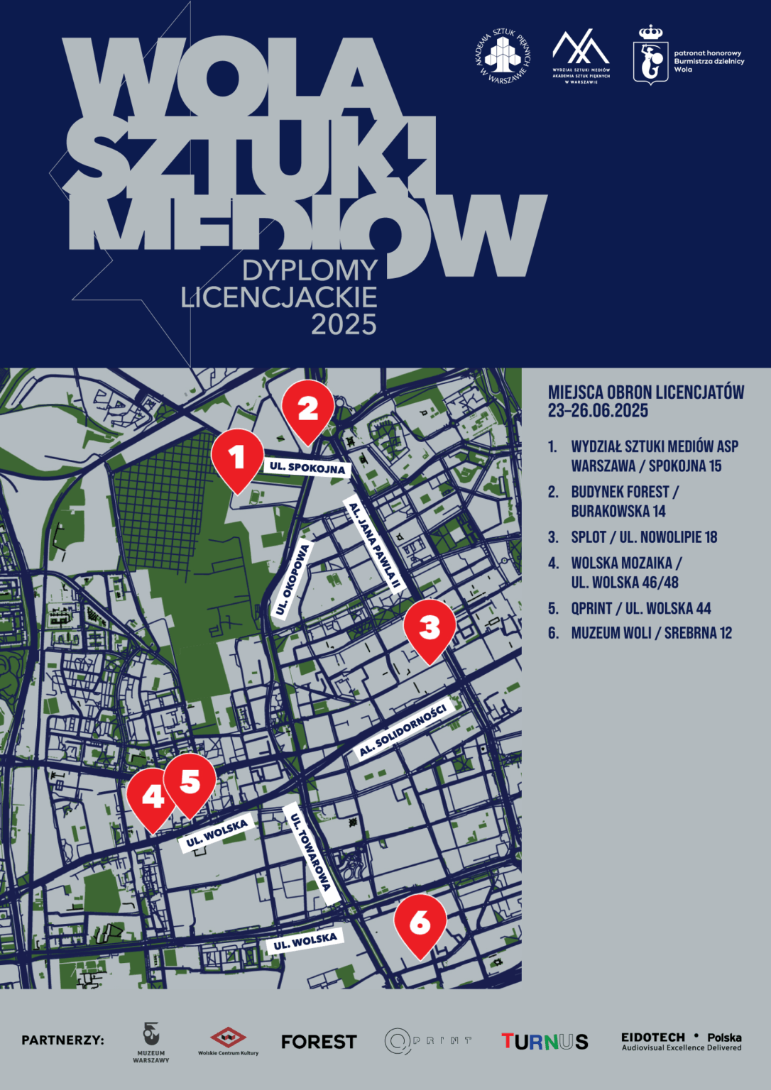 Grafika promująca wystawę dyplomów licencjackich Wydziału Sztuki Mediów na ASP w Warszawie pt. “Wola Sztuki Mediów”