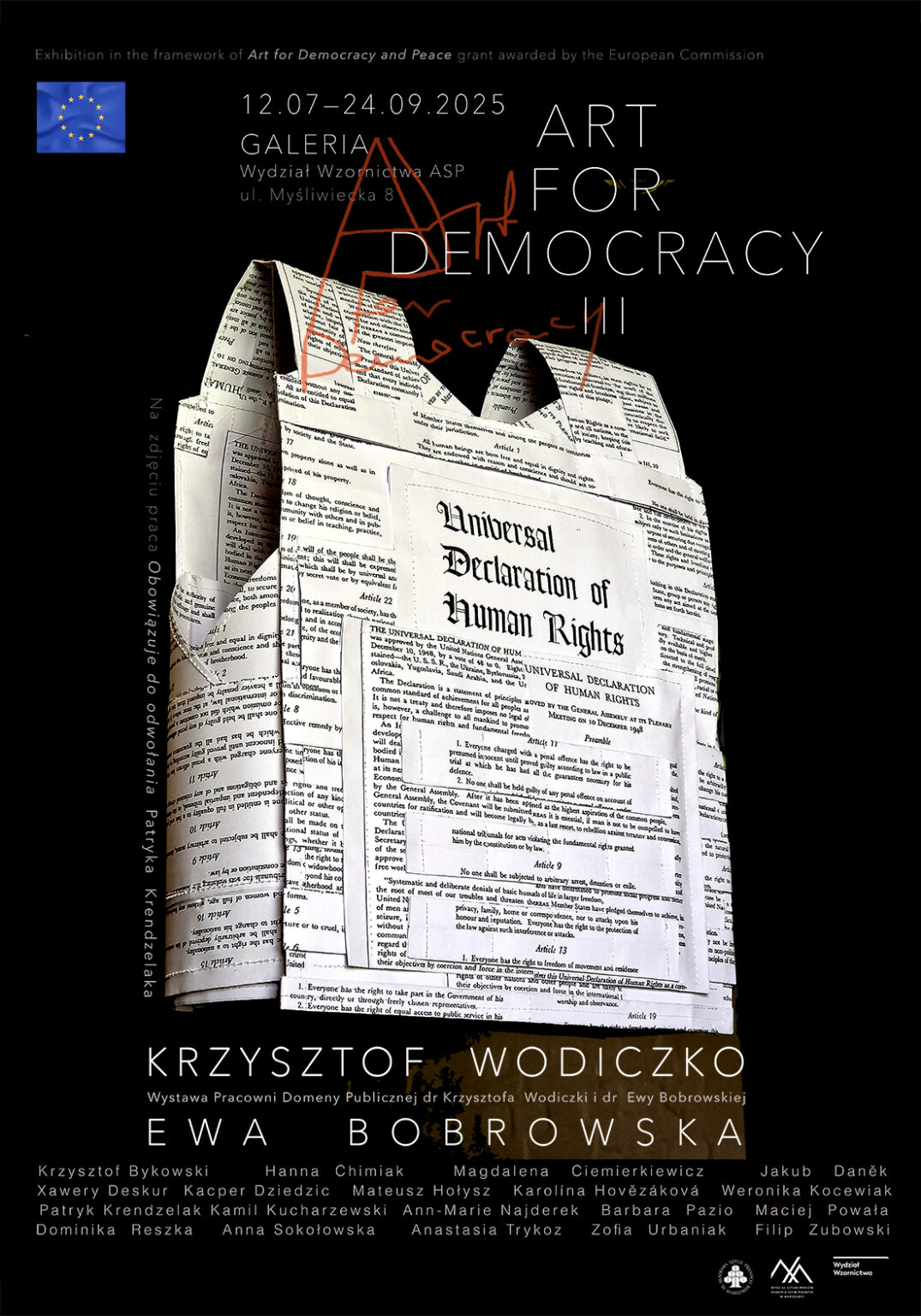 Grafika promujące wystawę Pracowni Domeny Publicznej dr Krzysztofa Wodiczko i dr Ewy Bobrowskiej “Art for Democracy III” na Wydziale Wzornictwa ASP w Warszawie