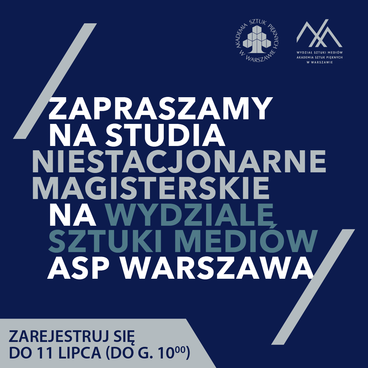 Grafika promująca rekrutację na niestacjonarne studia magisterskie na Wydziale Sztuki Mediów.