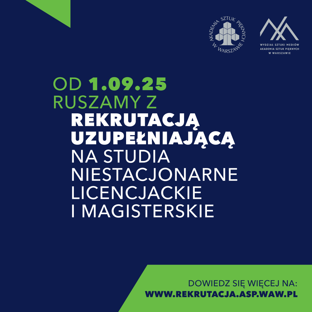 Grafika promująca rekrutację uzupełniającą na studia niestacjonarne na kierunku Sztuka Mediów na ASP w Warszawie.