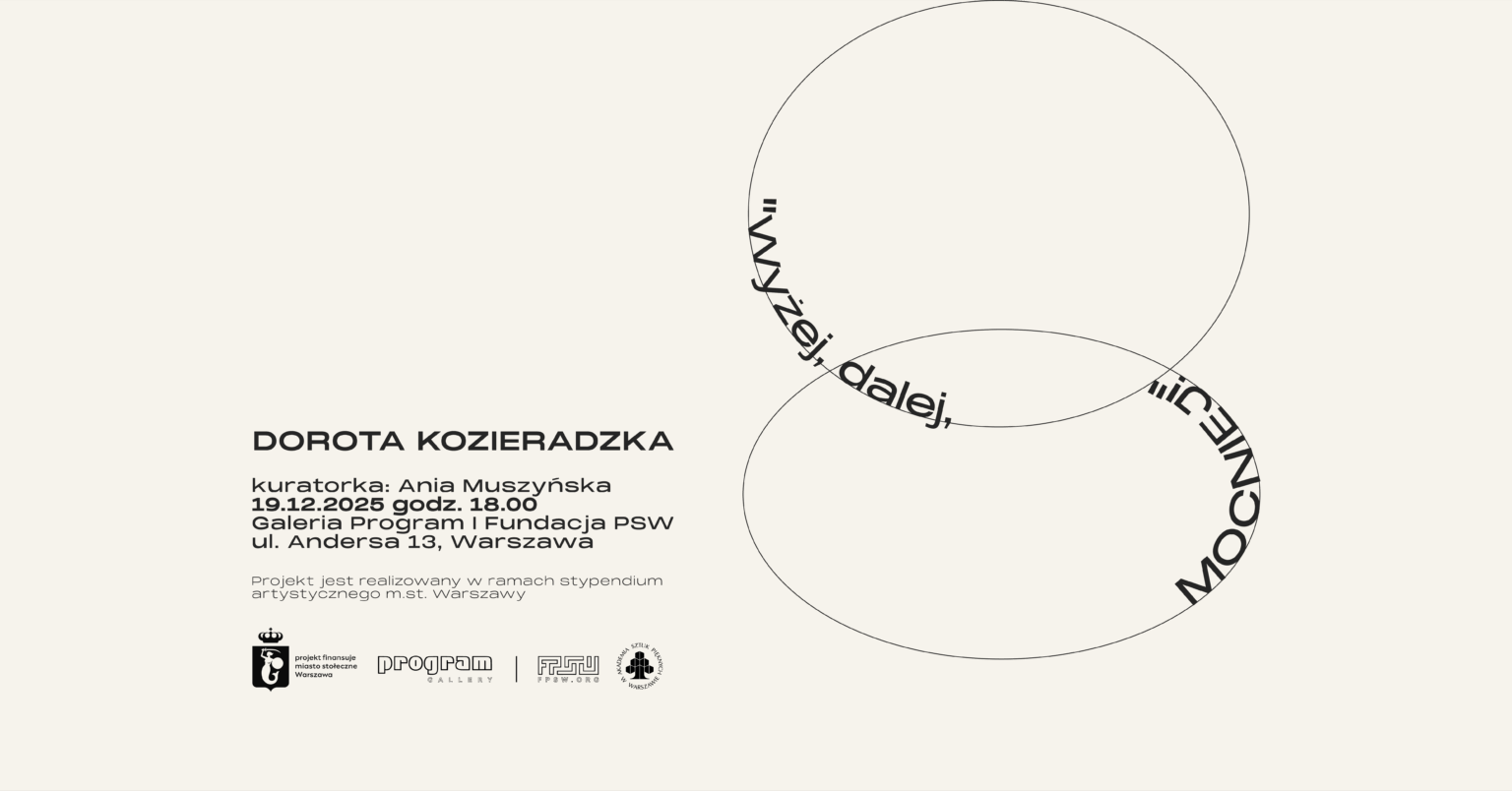 Grafika promocyjna wystawy dr Doroty Kozieradzkiej „Wyżej, Dalej, Mocniej” w Galerii Program, Fundacji Promocji Sztuki Współczesnej.