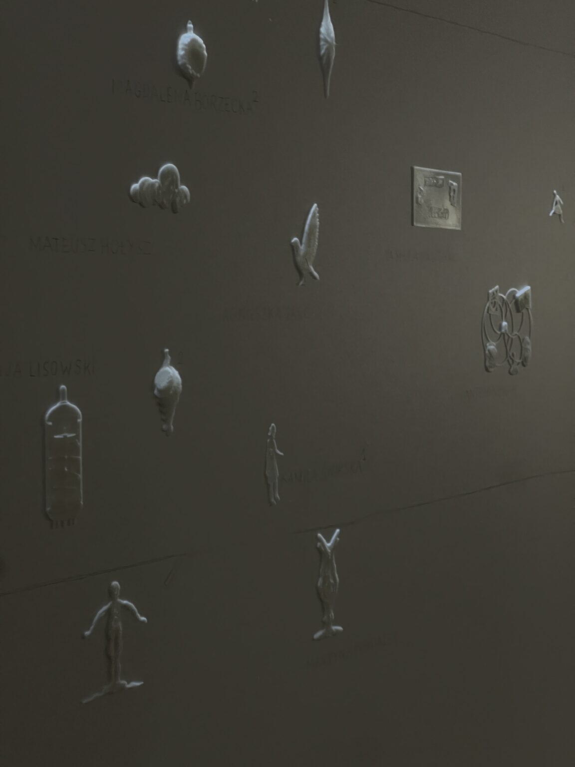 widok wystawy, reliefy drukowane w 3D przyczepione do ściany. Nazwiska autorów napisane przy reliefach.