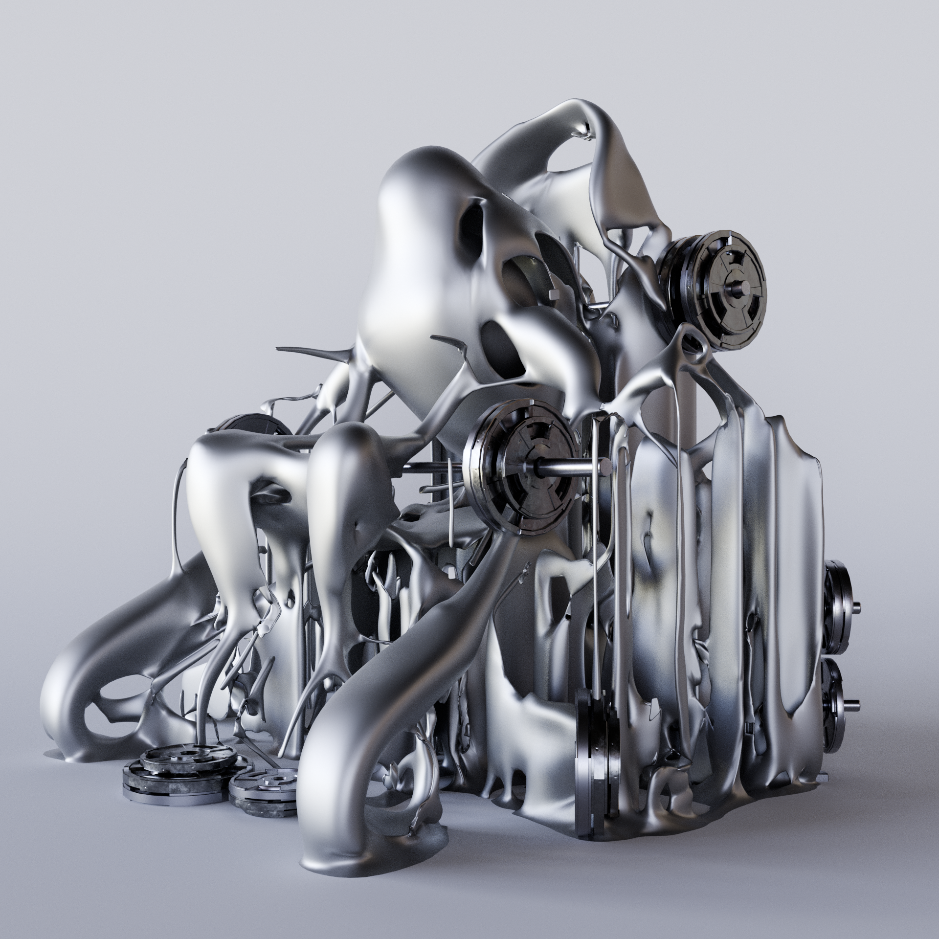 Obiekt 3D, wykonany w programie Blender. Obiekt łączący maszynę z ludzkim ciałem, w czerni i bieli.