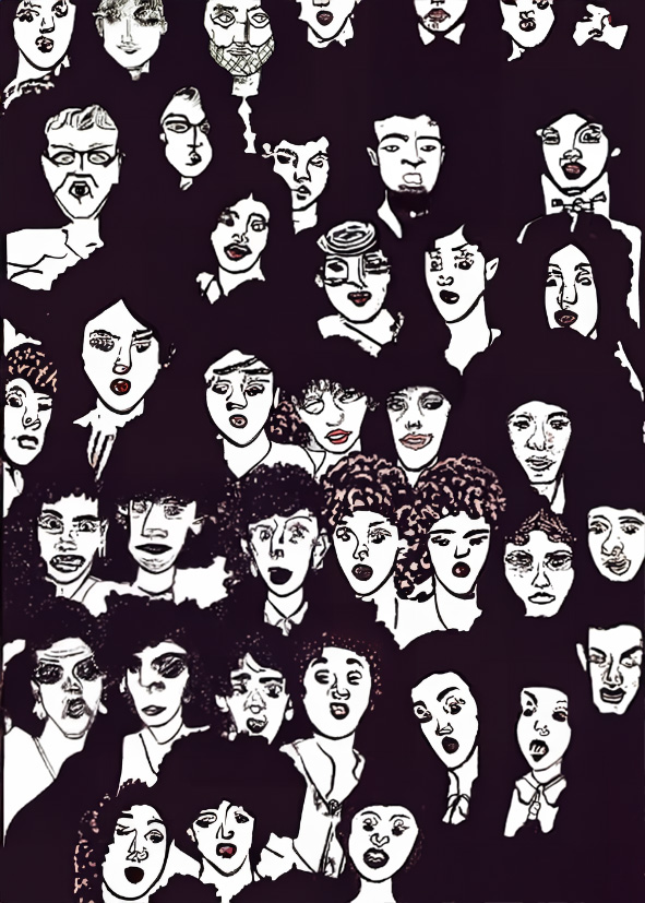 Ilustracja przedstawiająca wiele twarzy, czarno-biała, z akcentami kolorystycznymi w postaci różnych odcieni czerwieni