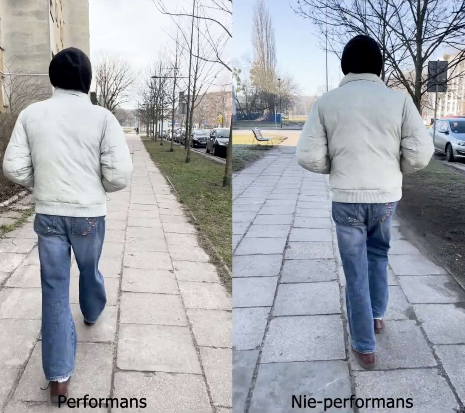 Dwa kadry z dwóch przedstawia przedstawiającą tą samą sytuację: ta sama osoba idzie po chodniku. Pierwszy kadr jest podpisany “perofrmans”, drugi kadr jest podpisany “nie-performans”.