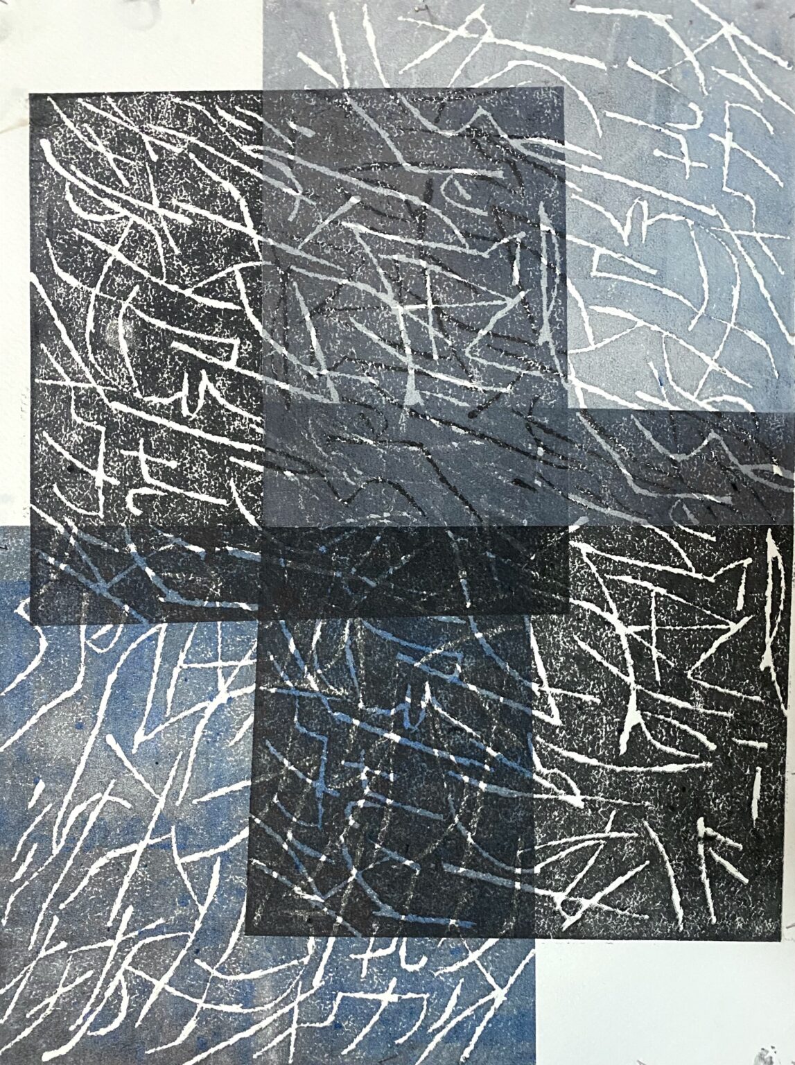 Obraz abstrakcyjny, 4 nakładające się multiplikacje tego samego wzoru, wykonany w technice linorytu