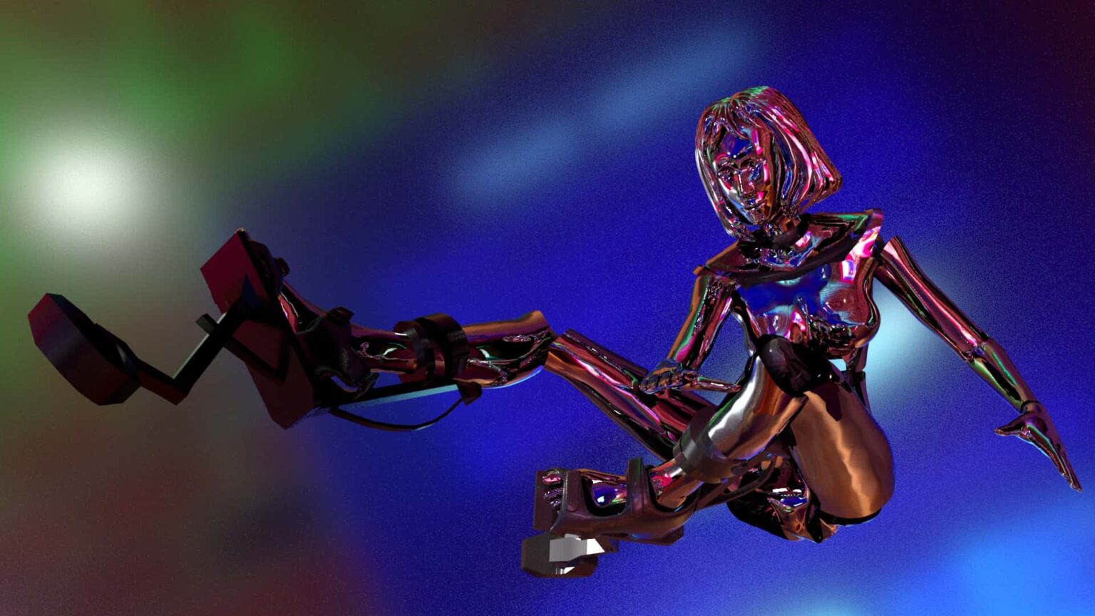 render 3D, postać kobieca z nowoczesnymi szczudłami, wygląda jak zrobiona z chromowanego, bardzo odbijającego materiału, ciemne kolory, intensywne