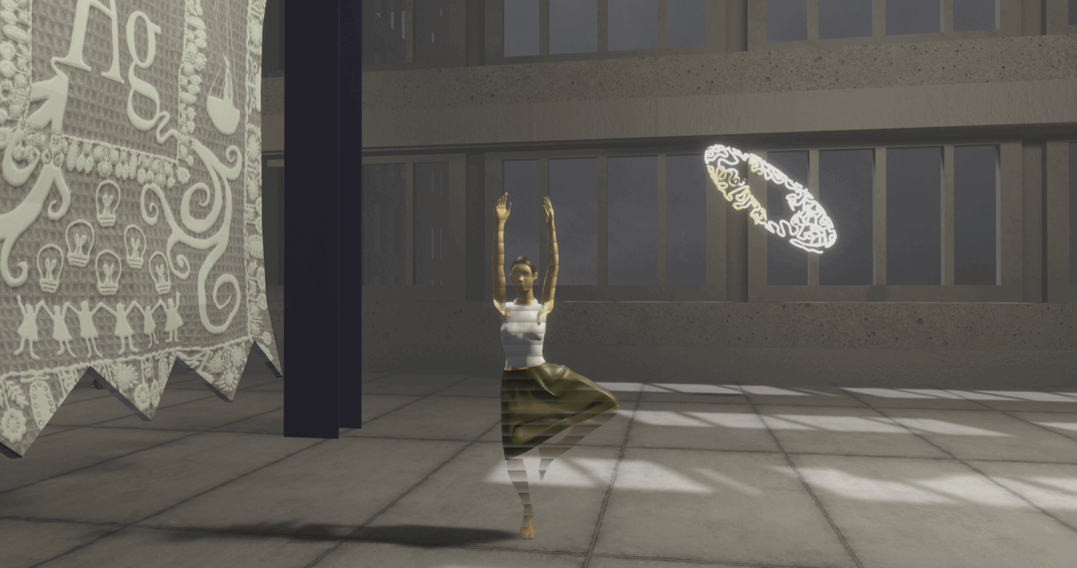 kadr z doświadczenia VR, uproszczona przestrzeń fabryczna, centralnie stoi hologramowa postać kobieca w trakcie ćwiczenia gimnastycznego. Kolory szaro-ponure