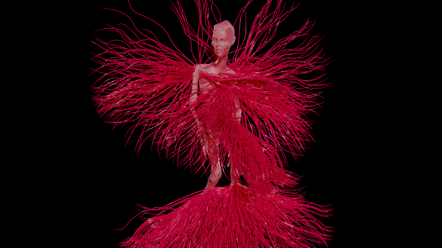 kadr z animacji 3D, postać na czarnym tle, z której gęsto wyrastają różowe nitki, przypominają owłosienie.