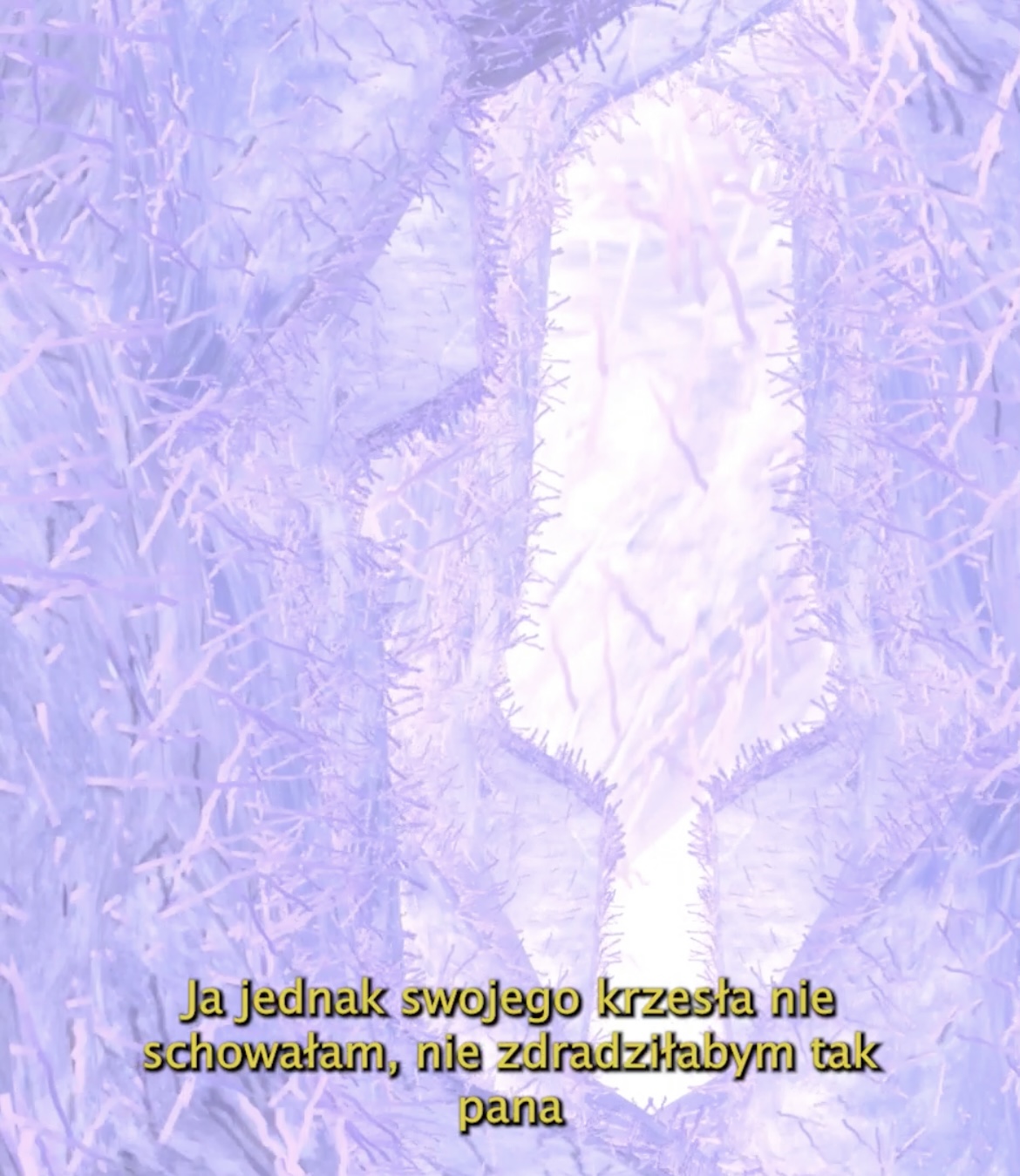 abstrakcyjny fioletowo-różowy kadr z animacji 3D, dużo drobnych elementów, podpis „ja jednak swojego krzesła nie schowałam, nie zdradziłabym tak pana”