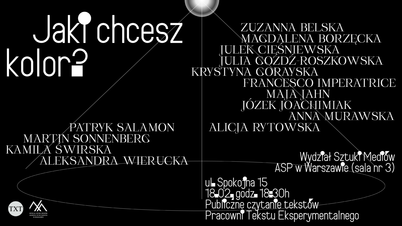 Grafika promująca wydarzenie “Jaki chcesz kolor? Odczyt Pracowni Tekstu Eksperymentalnego”