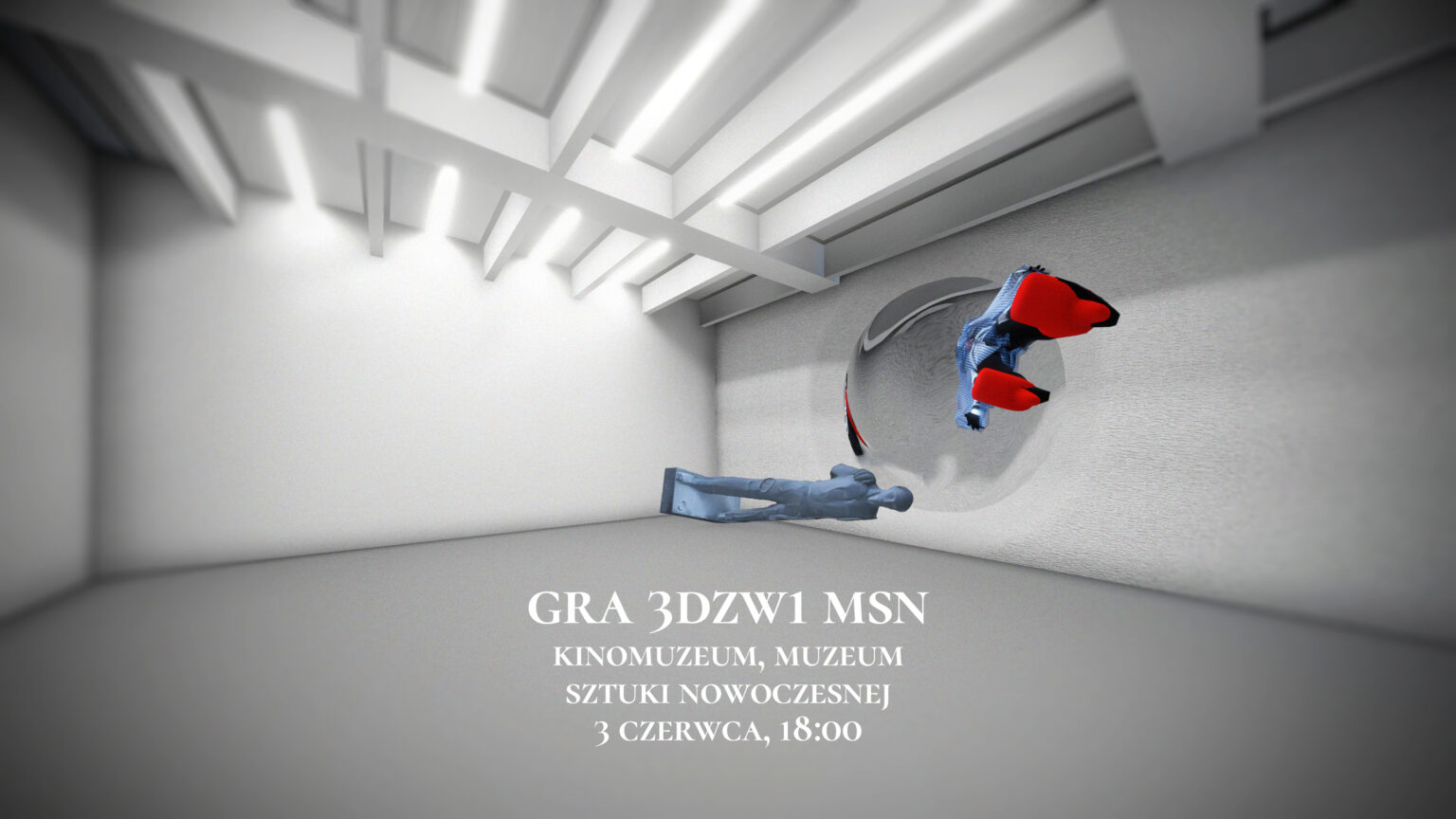 grafika promująca pokaz gry komputerowej przygotowanej przez Pracownię 3D i Zdarzeń Wirtualnych I na Wydziale Sztuki Mediów ASP w Warszawie